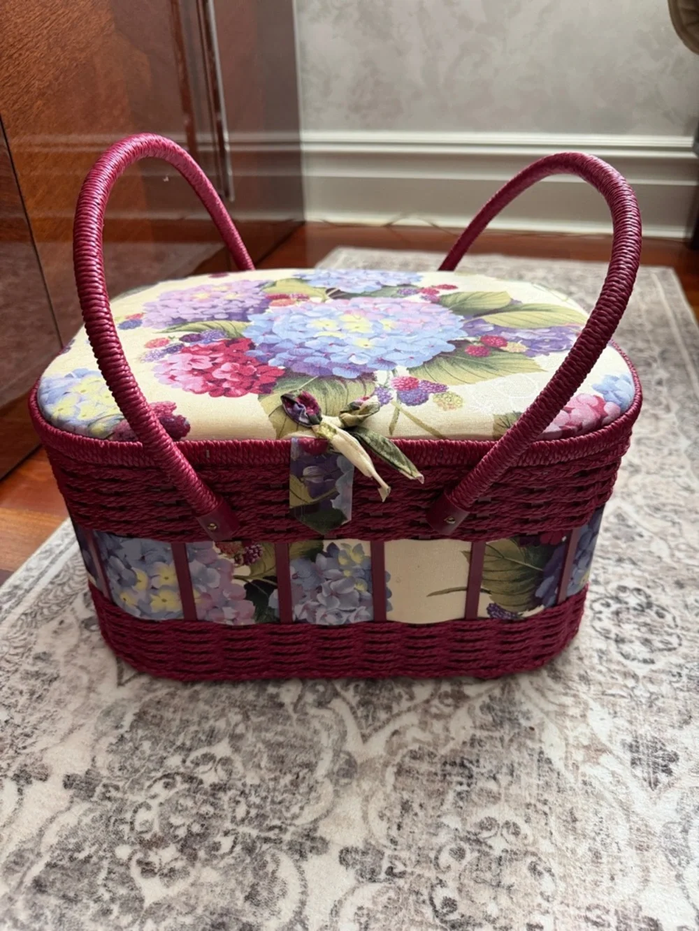 Floral Hydrangea Sewing Basket with Woven Handles - Picture 1 of 5